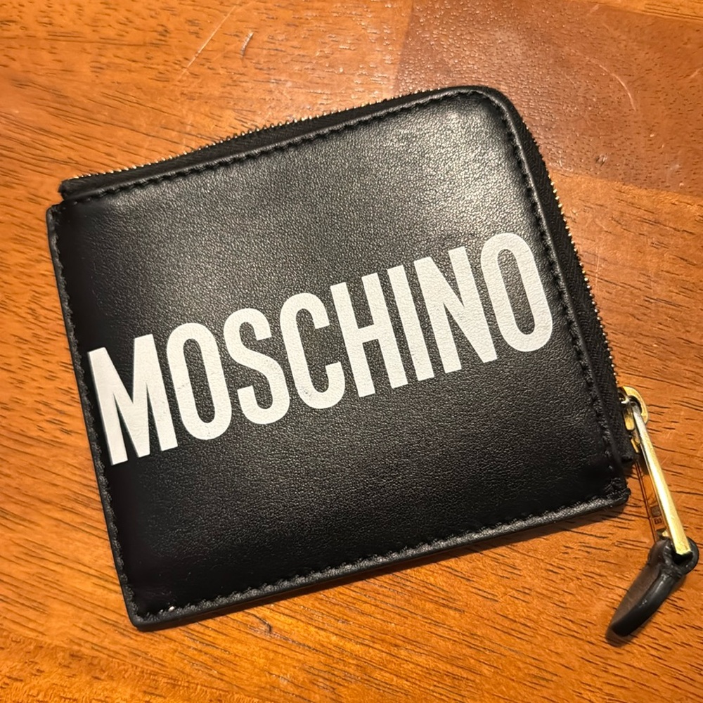 Used Moschino Sleek Leather Zip Around Compact Small Wallet Black W/White Logo